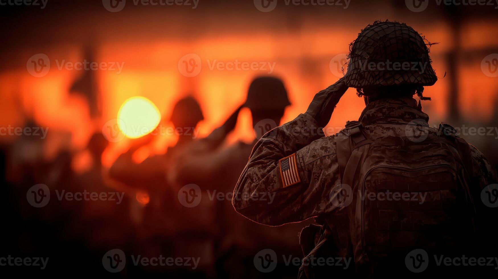 Soldiers saluting the flag at sunset during a military ceremony in a historic location photo