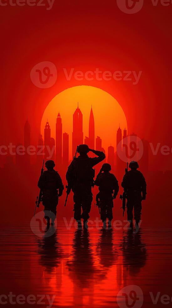 Soldiers saluting at sunset with city skyline in the background photo