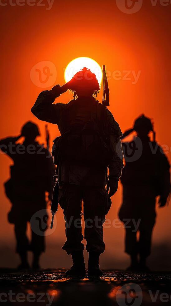 Soldiers saluting at sunset, highlighting camaraderie and respect in a serene military farewell moment photo