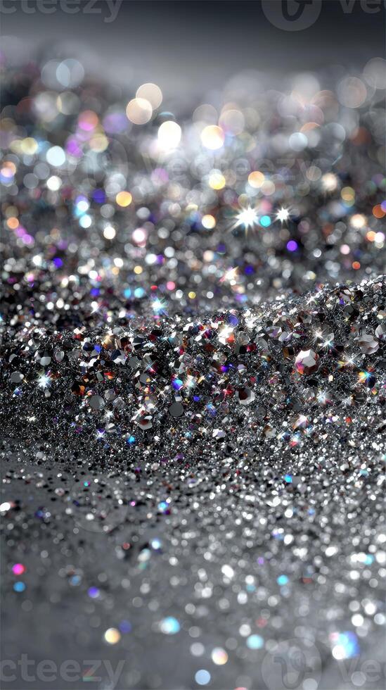 Sparkling silver glitter creates a mesmerizing surface filled with vibrant colors and reflections in a bright setting photo