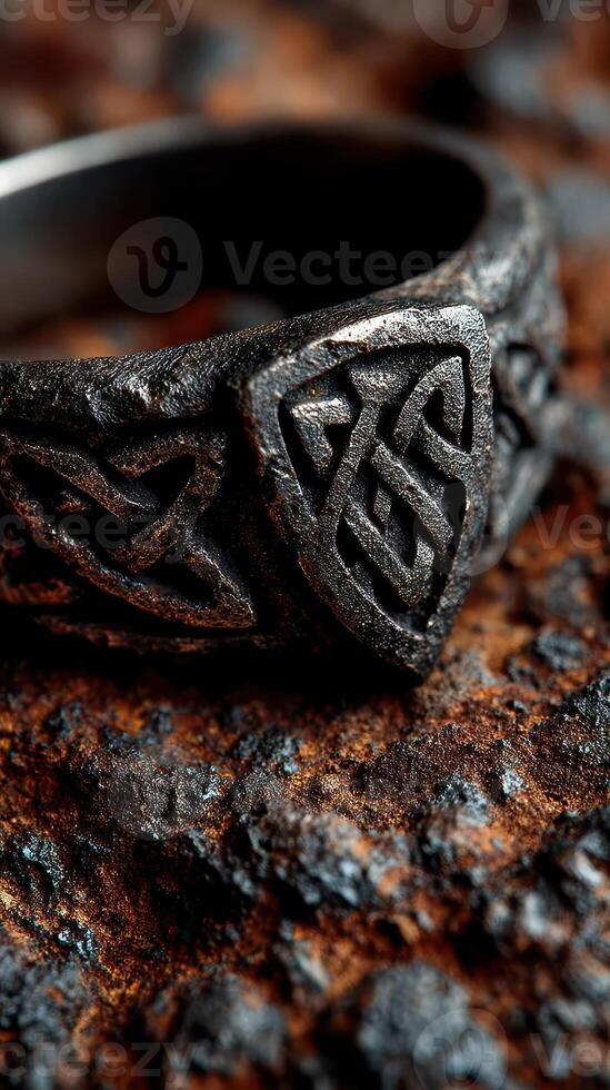Detailed view of intricate black ring resting on textured surface with rough stones photo