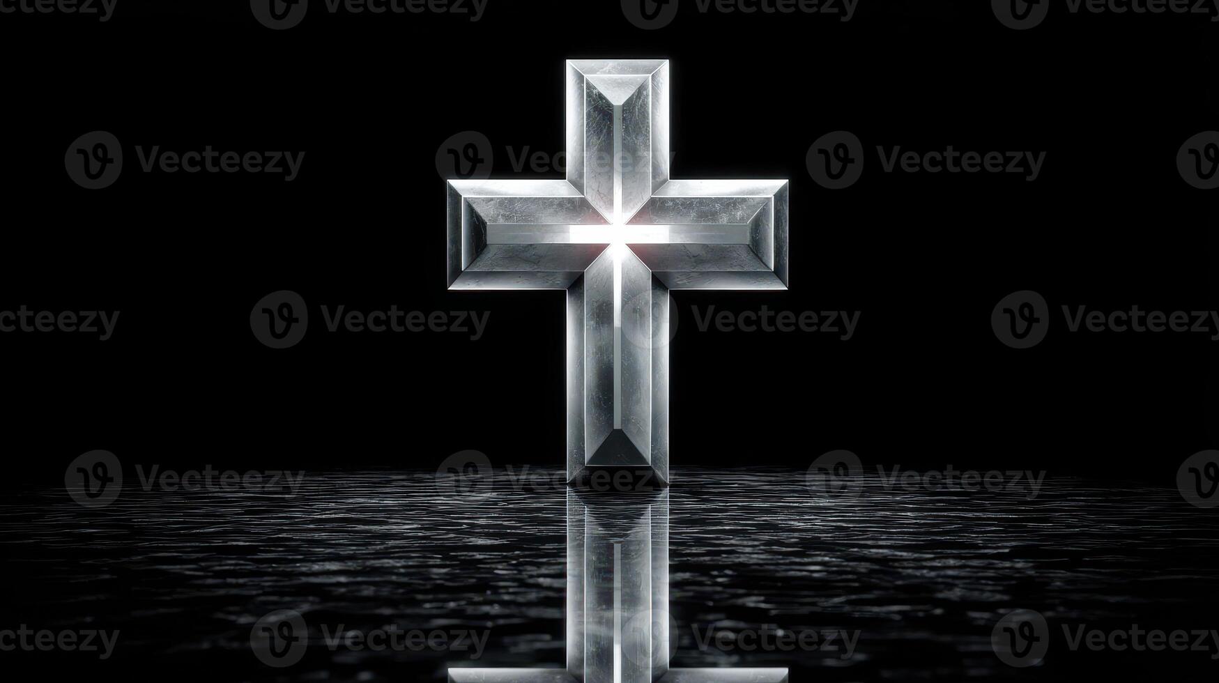Crystal cross glowing in darkness with reflective surface creating a serene atmosphere for spiritual reflection photo