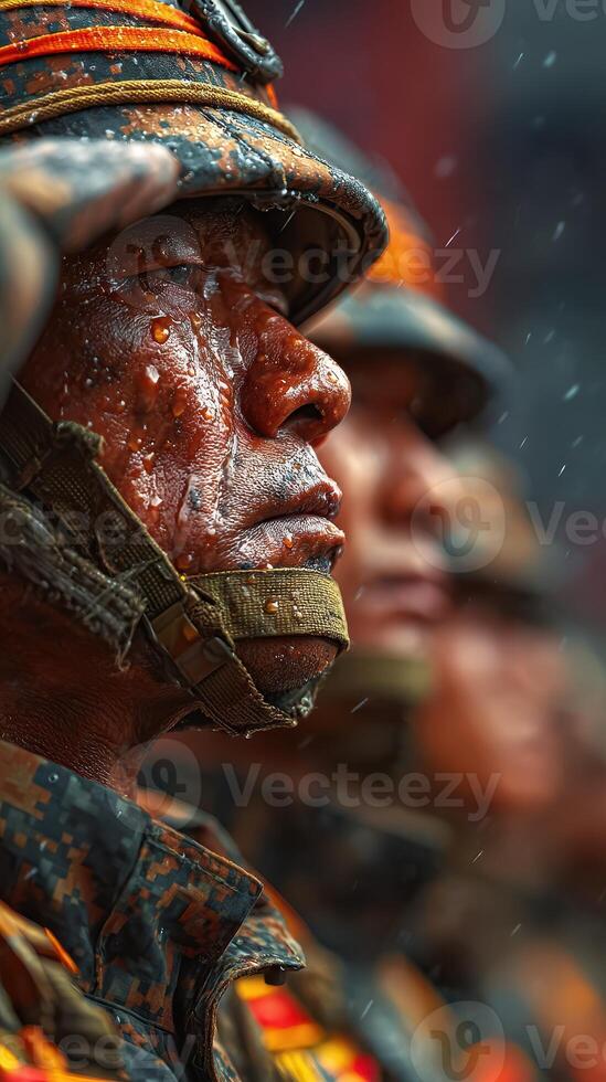 Soldiers stand proudly in heavy rain during a military parade showcasing their dedication and discipline in the early morning photo