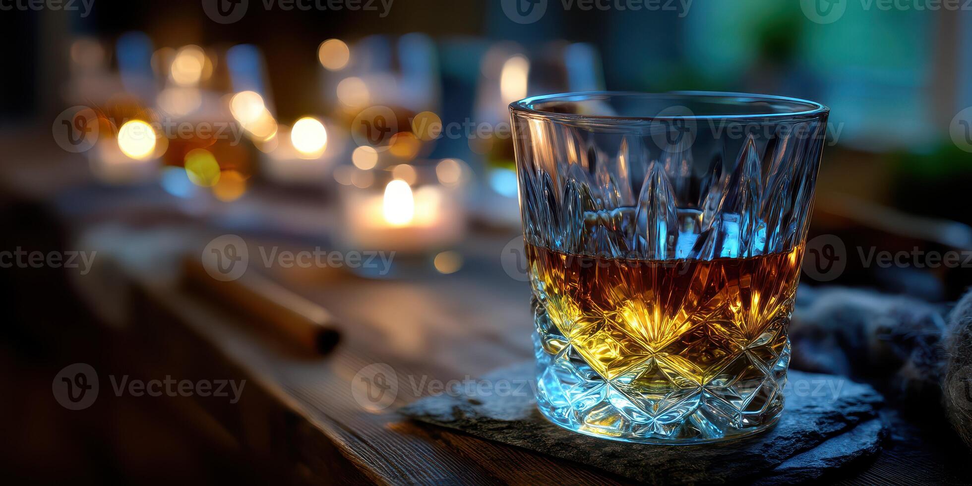 Glass of whiskey sits on wooden table with glowing candles in the background creating a cozy atmosphere during evening relaxation photo