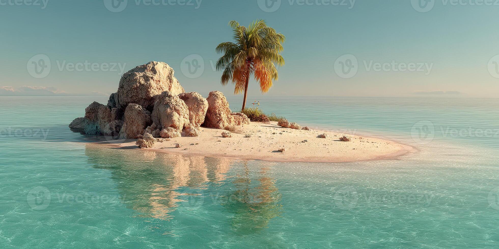 Serenity of a tropical island with a lone palm tree and rocky formations in clear turquoise waters at sunrise photo