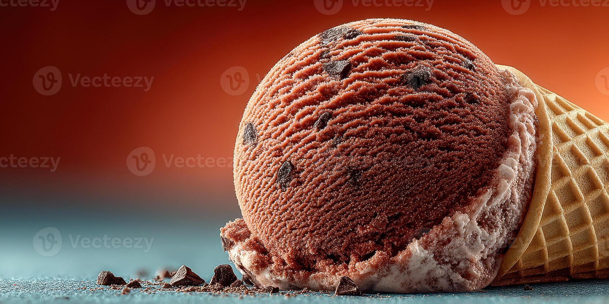 Rich chocolate chip ice cream scoop melting in a cone against a vibrant backdrop photo