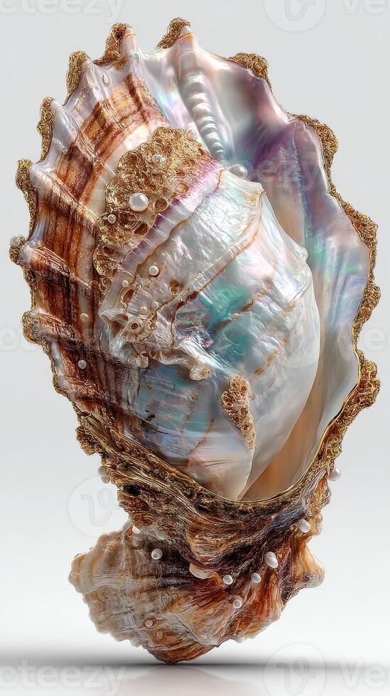 Unique abalone shell showcasing iridescent colors and delicate pearls displayed on a plain background photo