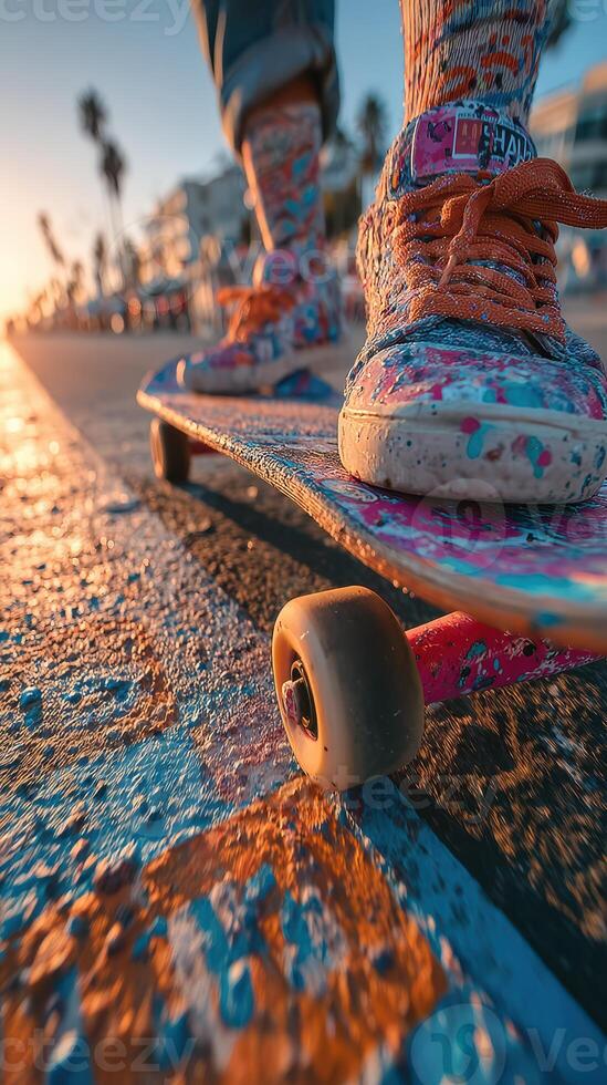 Skateboarder cruising along a vibrant boardwalk at sunset with colorful sneakers photo