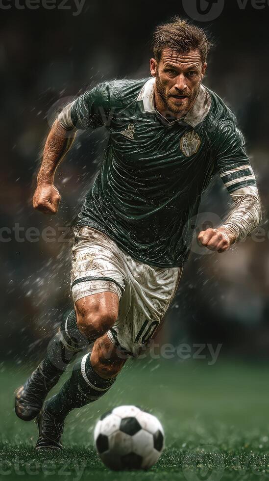 Intense soccer match in pouring rain with a determined player sprinting towards the ball photo
