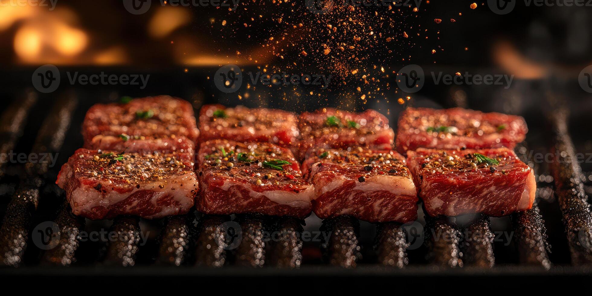 Grilling seasoned meat on the barbecue during a summer cookout in a backyard setting photo