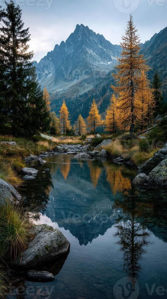 Beautiful autumn landscape with mountains and a reflective stream in the peaceful wilderness at sunset photo