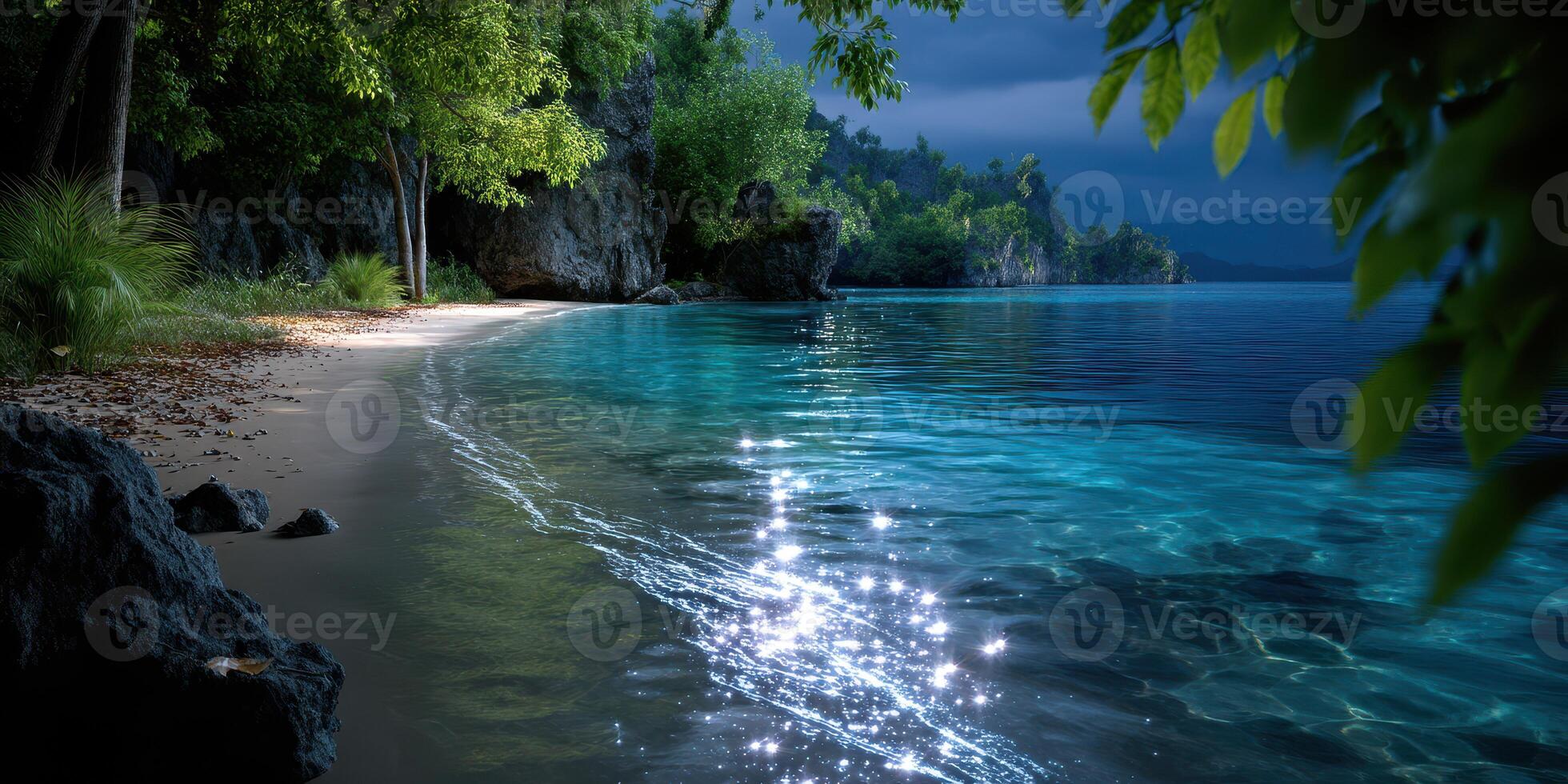 Serene coastal landscape at twilight with gentle waves and lush greenery reflecting on calm waters photo