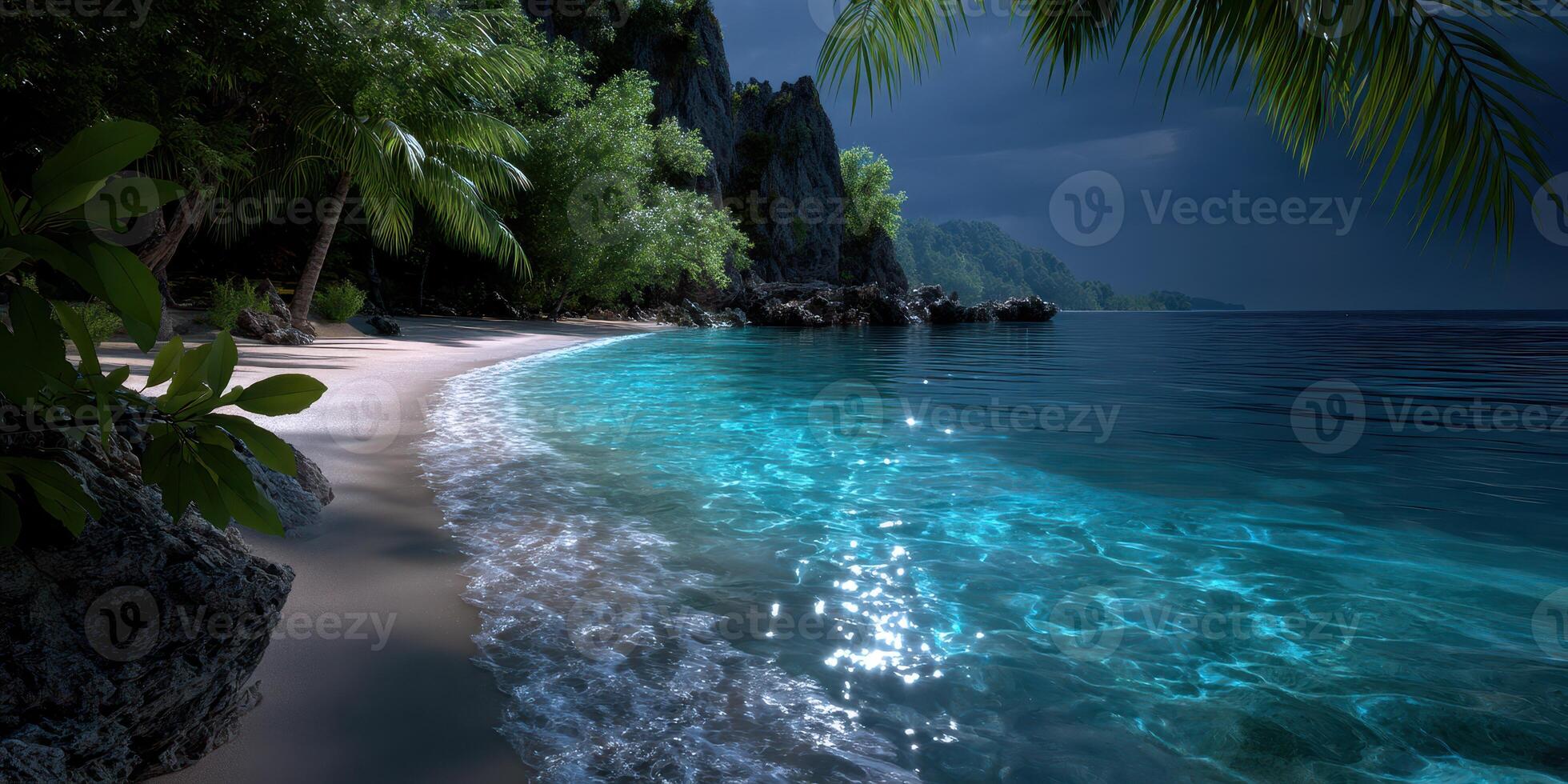 Serene tropical beach with clear turquoise waters and lush greenery at dusk photo