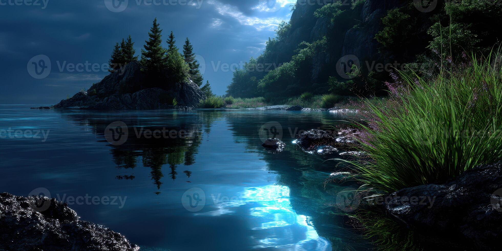 Tranquil night scene by the water with moonlight reflecting on calm surface near forested shoreline photo