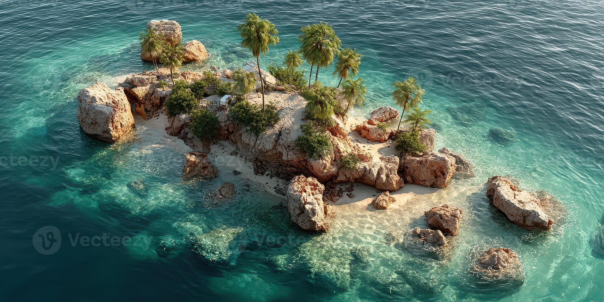 Tropical island paradise with crystal clear waters and lush palm trees in a serene coastal setting photo