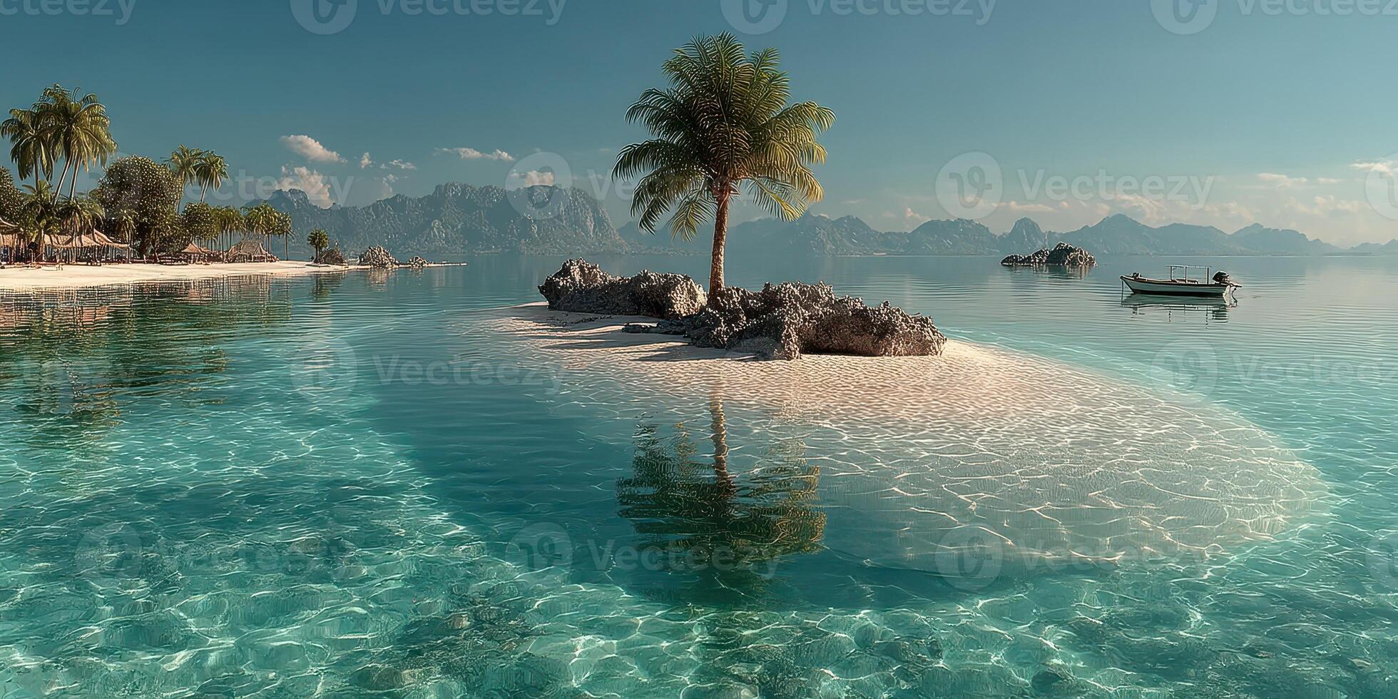 Tropical paradise with clear waters and a solitary palm tree on a small island during a sunny day photo