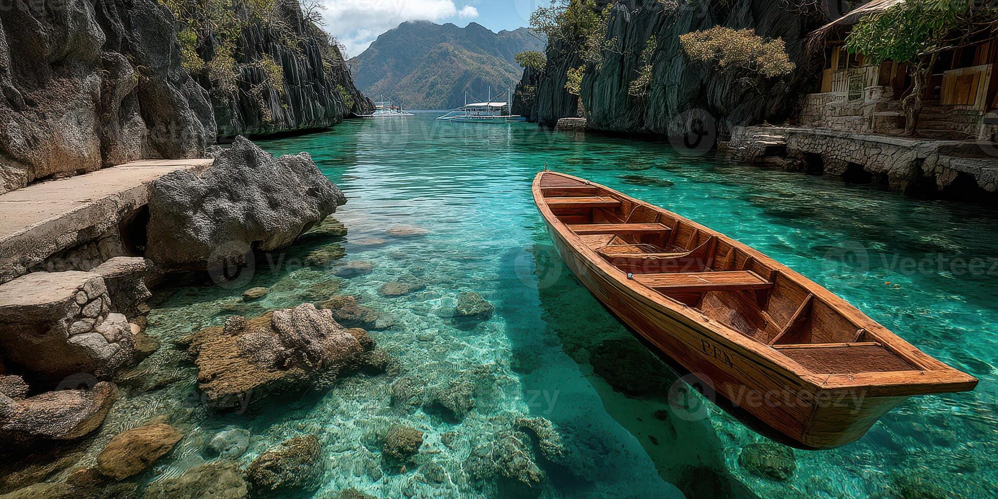 Crystal clear waters and a wooden boat in a serene lagoon surrounded by rocky cliffs photo