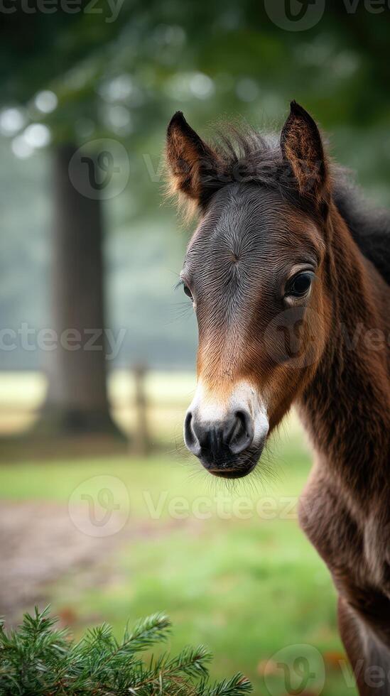 Young foal stands gracefully in a serene, green pasture surrounded by trees during a calm afternoon photo