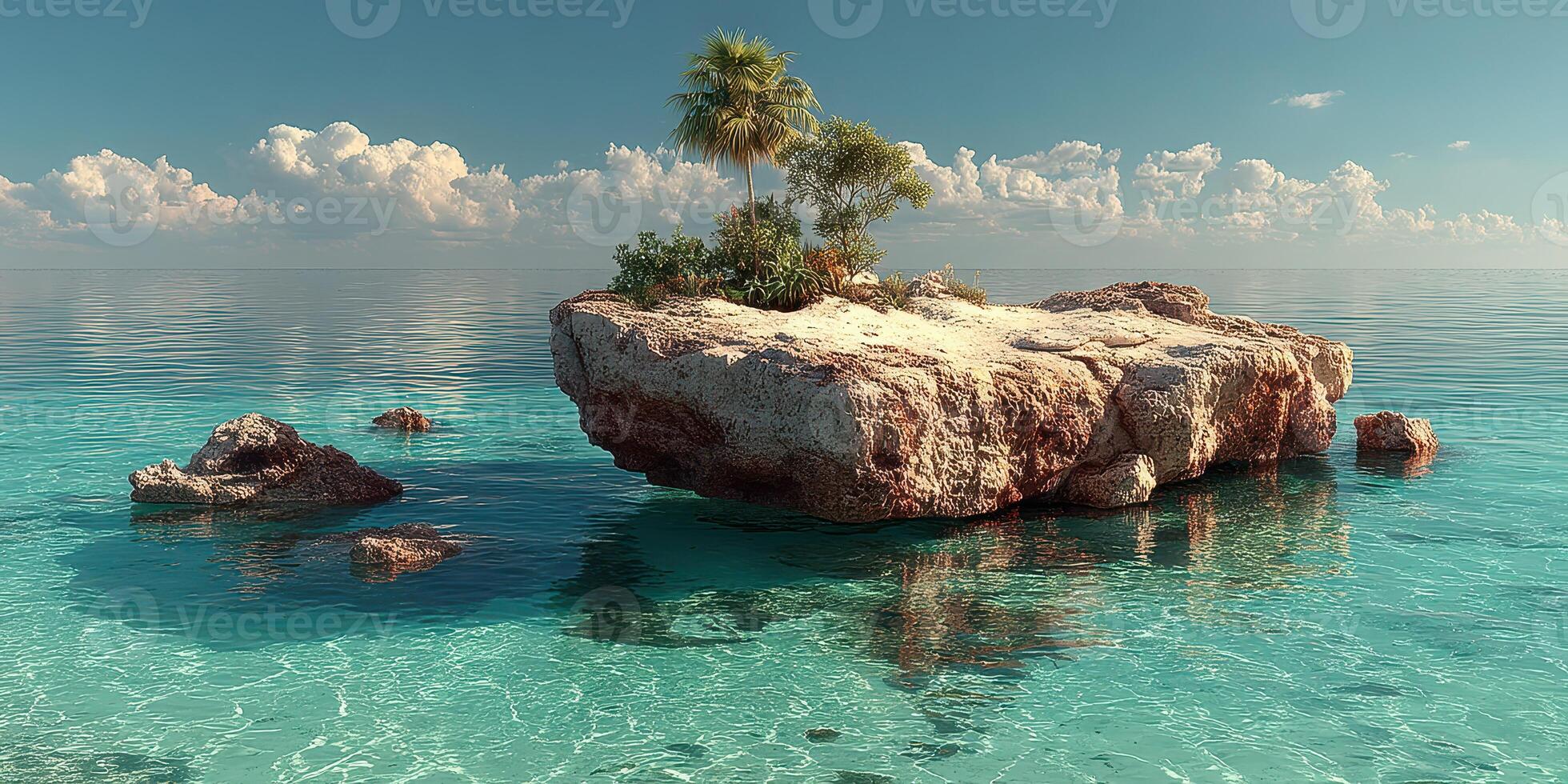 Serene tropical island surrounded by calm turquoise waters under a clear sky in the afternoon light photo