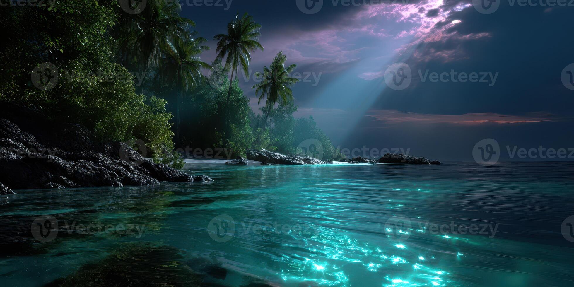 Serene tropical beach under moonlight with shimmering water and palm trees photo