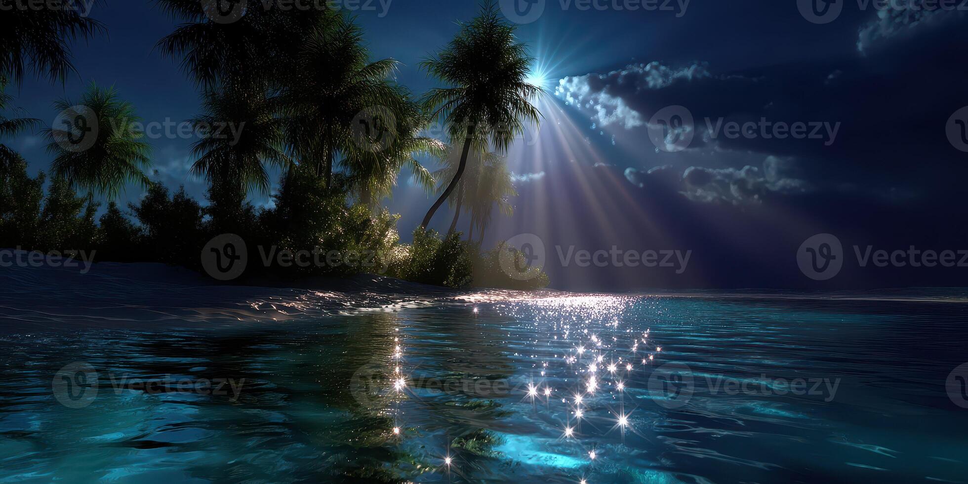 Serene night beach landscape with palm trees and moonlight reflecting on calm water photo