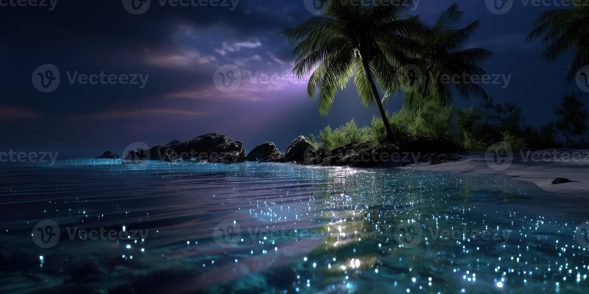 Nighttime view of a tranquil beach with glowing water and palm trees under a dark sky photo