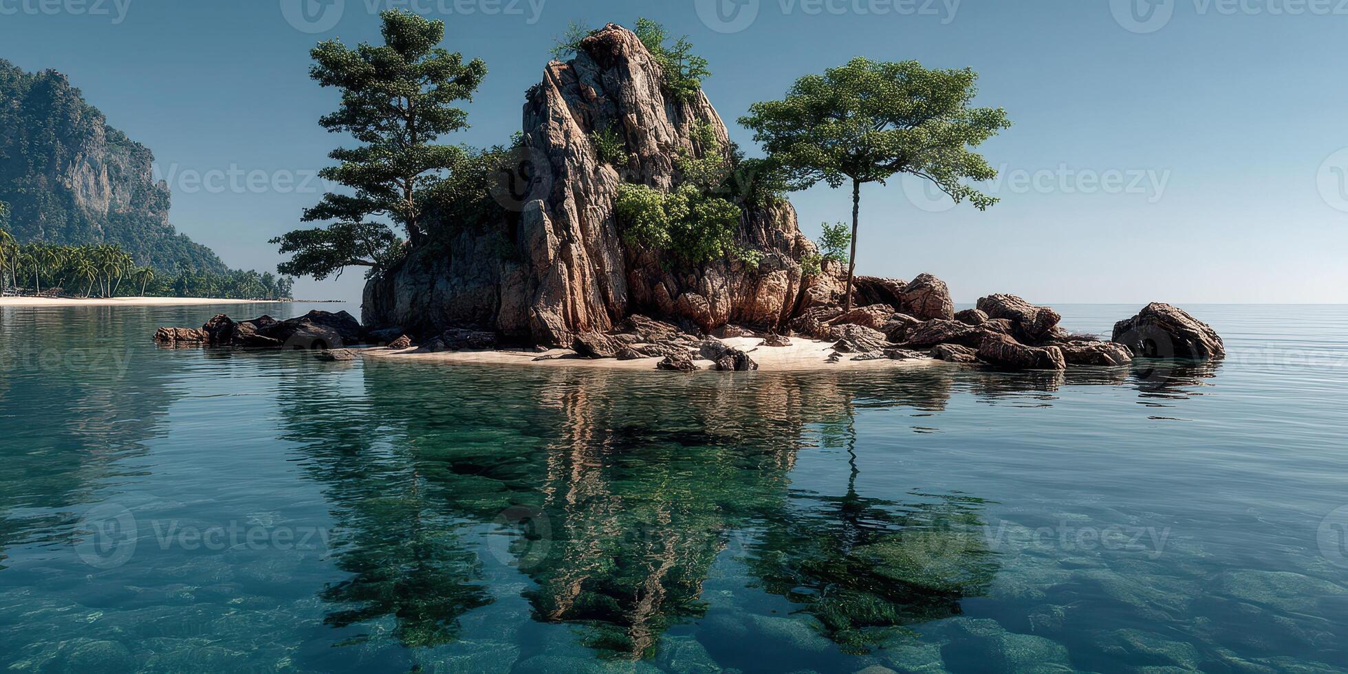 Tranquil island reflection on clear waters with lush greenery and rocky formations in serene seaside setting photo