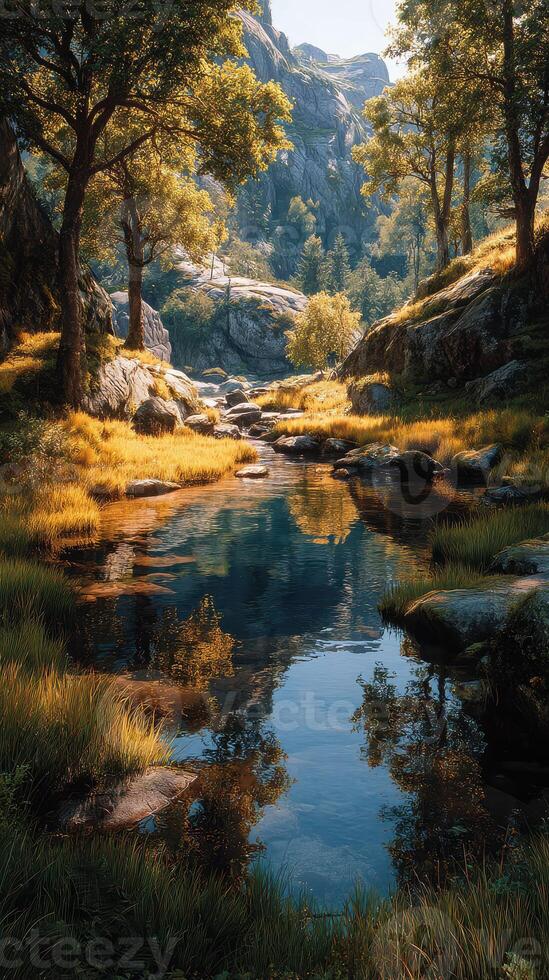Scenic riverside view showcasing lush greenery and tranquil water during golden hour in a serene landscape photo