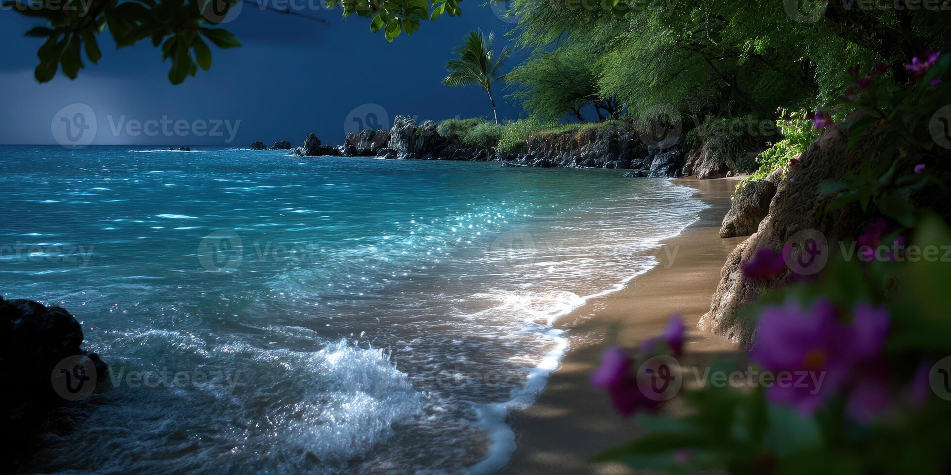 Serene coastline with gentle waves and vibrant tropical flora at sunset photo