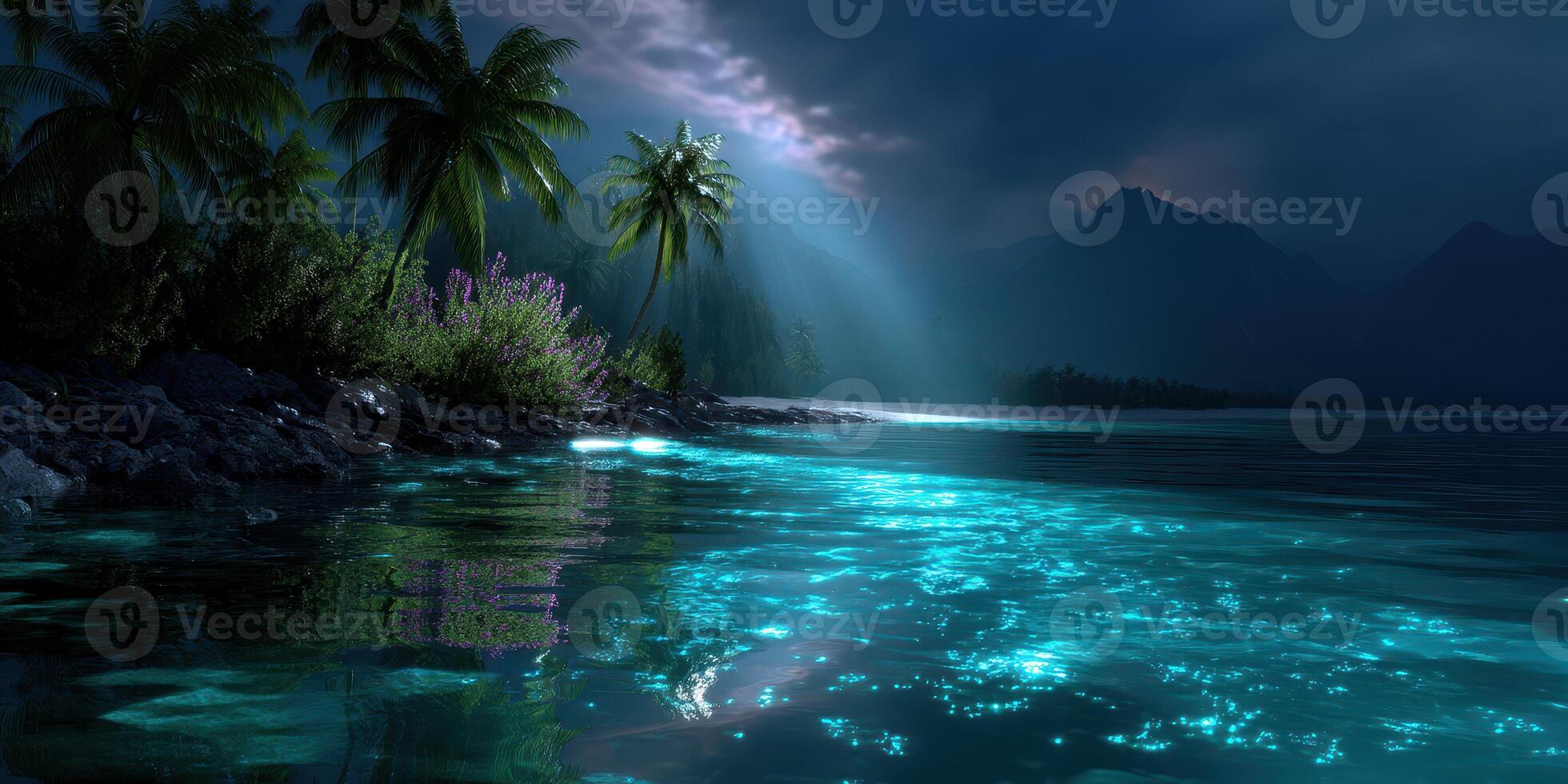 Calming night by the tropical shore with glowing water and palm trees under moody sky photo