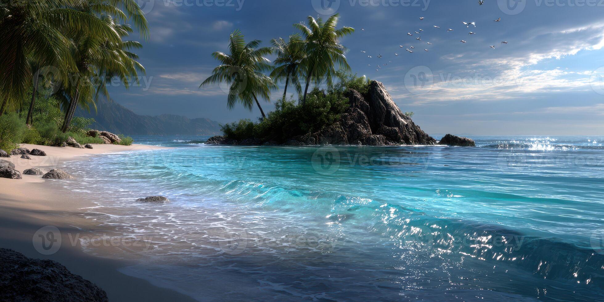 Tranquil beach landscape with palm trees and gentle waves at twilight under a colorful sky photo