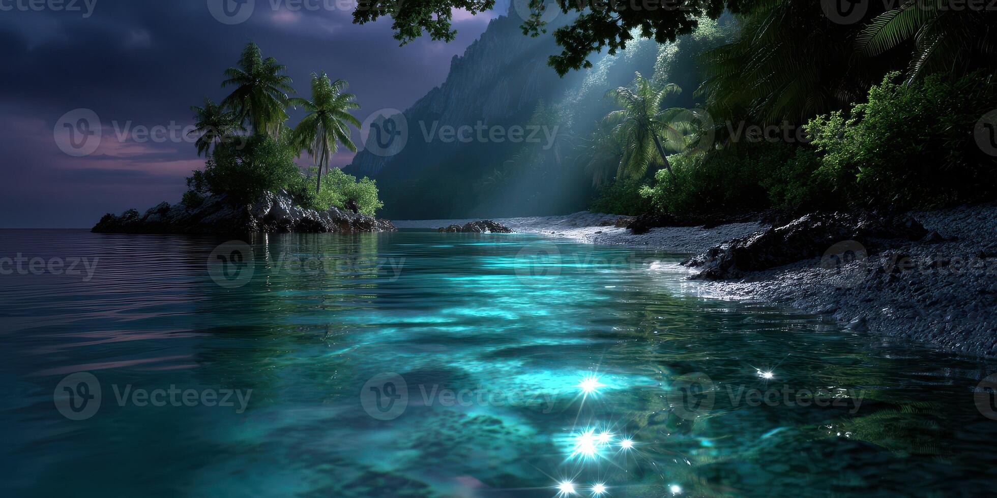 Calm tropical bay at night with glowing water and palm trees under dramatic clouds photo