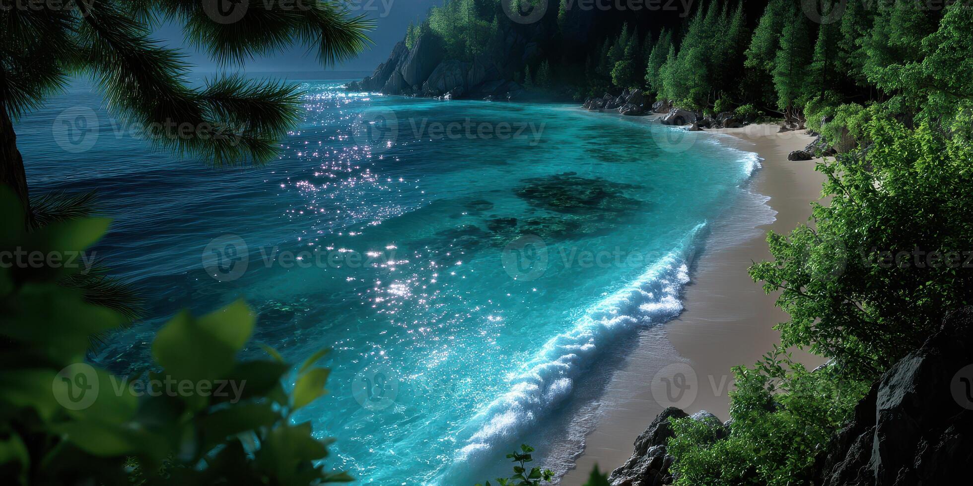 Relaxing coastal view with turquoise waves lapping on sandy beach surrounded by lush greenery photo
