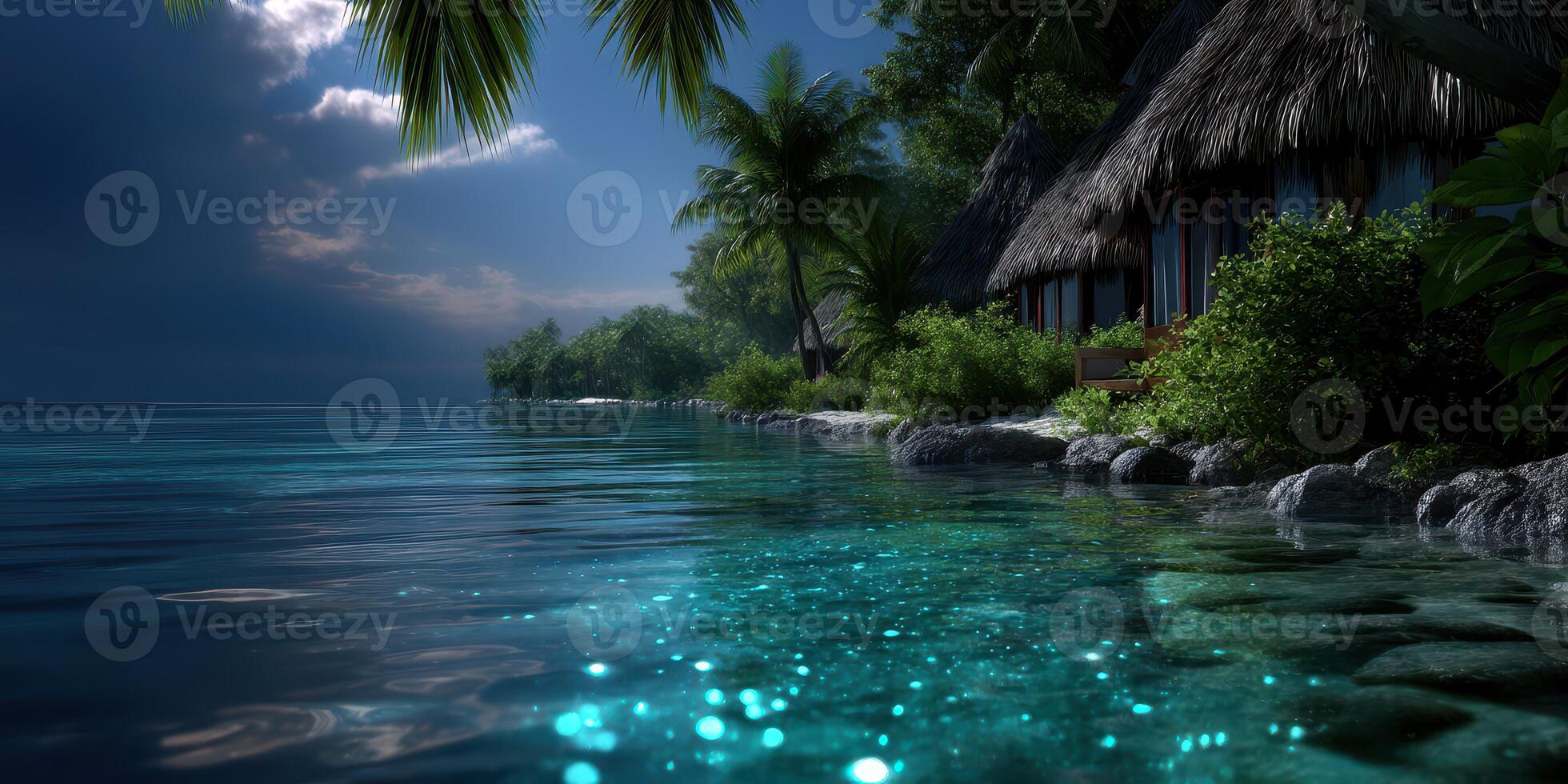Serene tropical lagoon with palmed cottages and crystal clear water near the shore at twilight photo