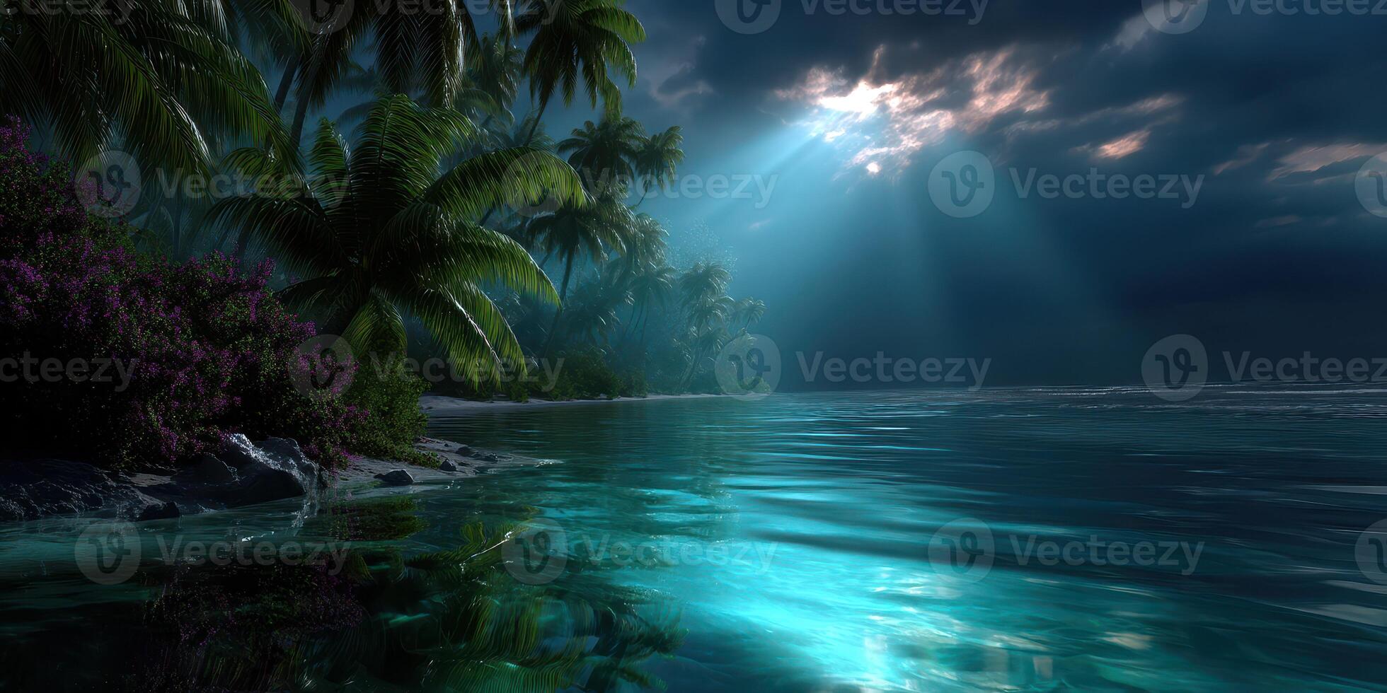 Serene tropical landscape featuring palm trees and shimmering water under a cloudy sky at dusk photo