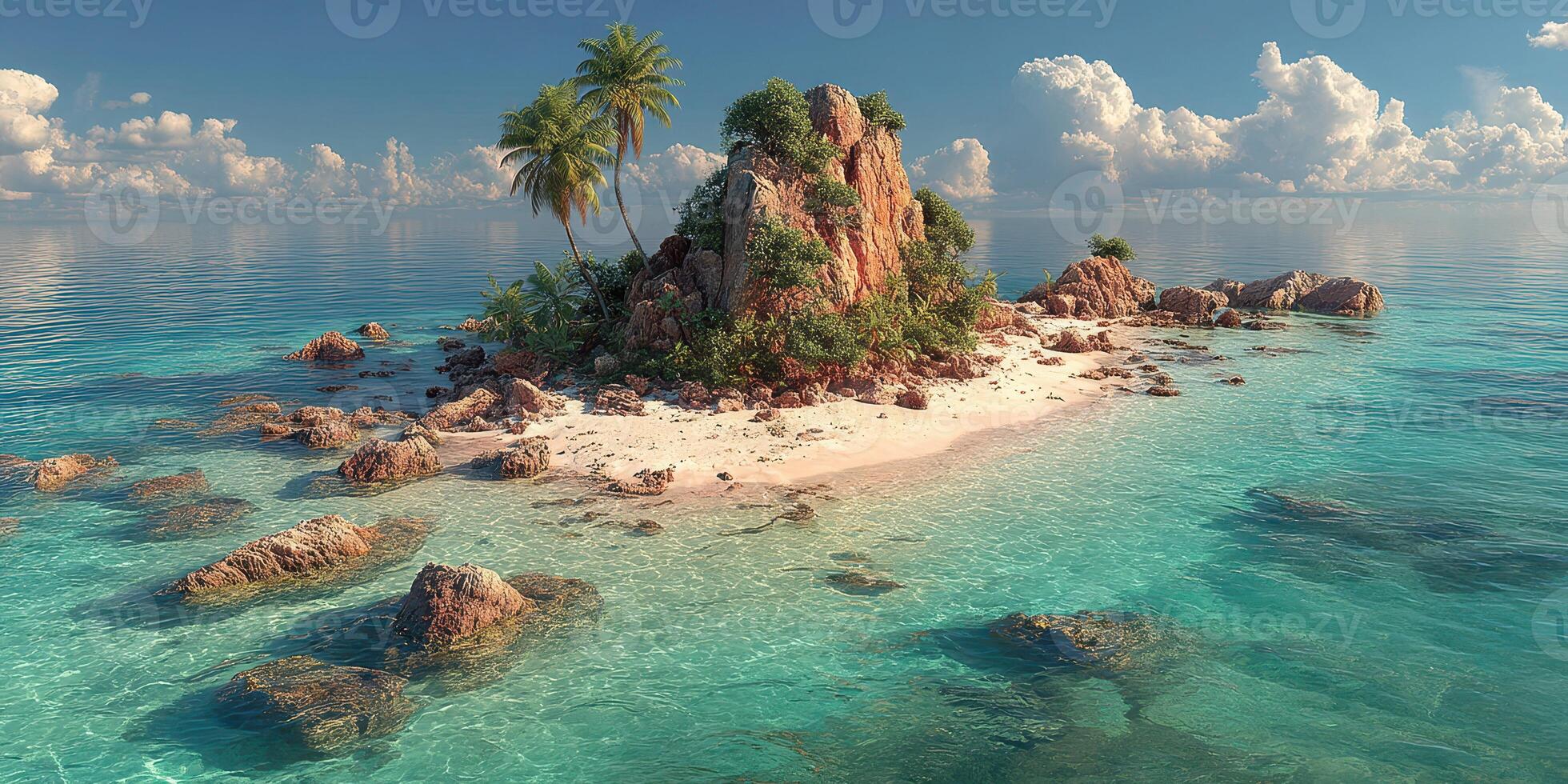 Serene tropical island with clear turquoise waters and lush palm trees under vibrant skies photo