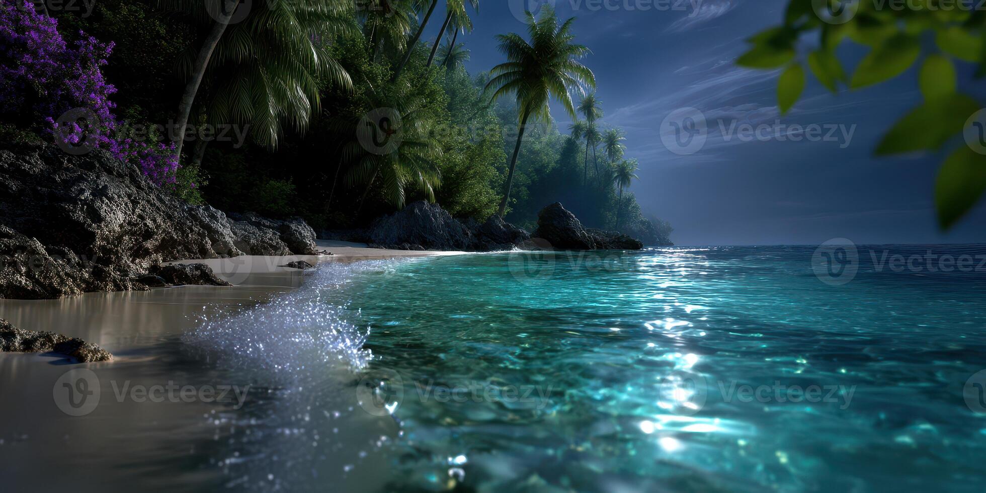 Tranquil night at a tropical beach with clear water and swaying palm trees under the moonlight photo