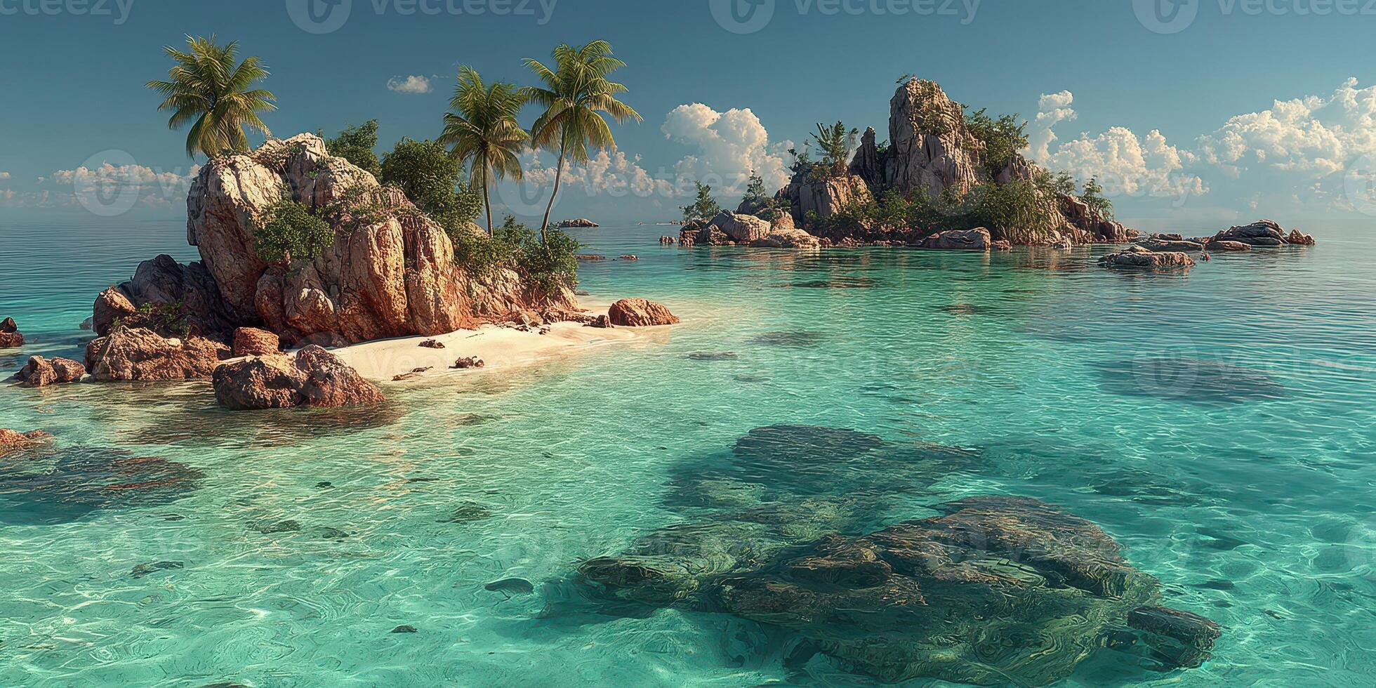 Tranquil island paradise with clear turquoise waters and gentle palm trees during a sunny day photo
