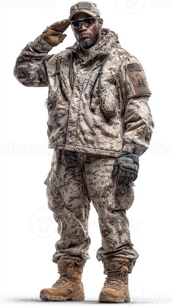 Soldier in desert camouflage attire saluting against a white backdrop during a military training exercise photo