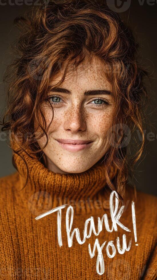 Smiling woman with curly red hair and freckles expressing gratitude while wearing a cozy sweater photo