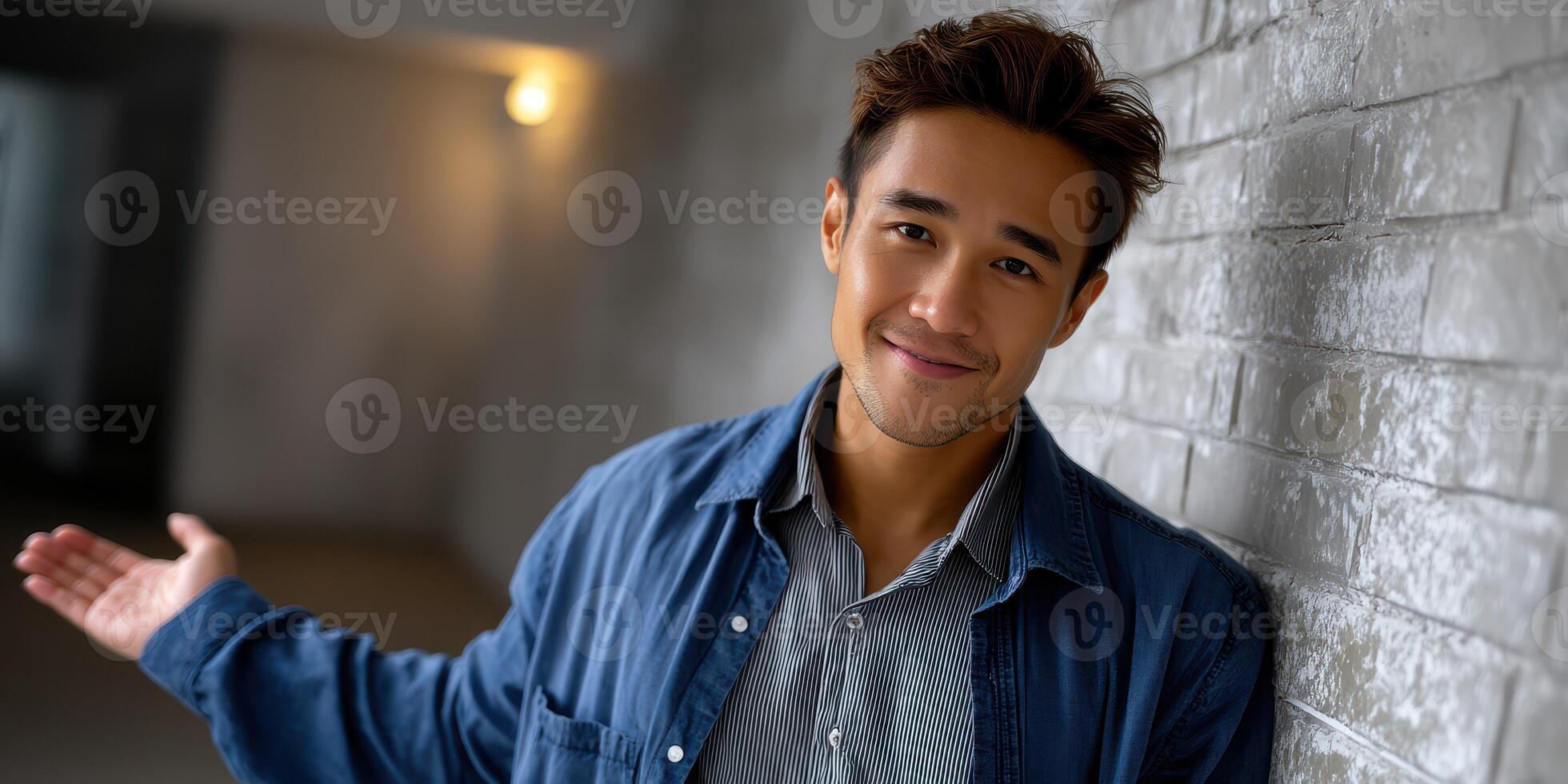 Friendly young man gestures warmly in modern indoor setting with stylish gray brick walls in the background during daylight hours photo