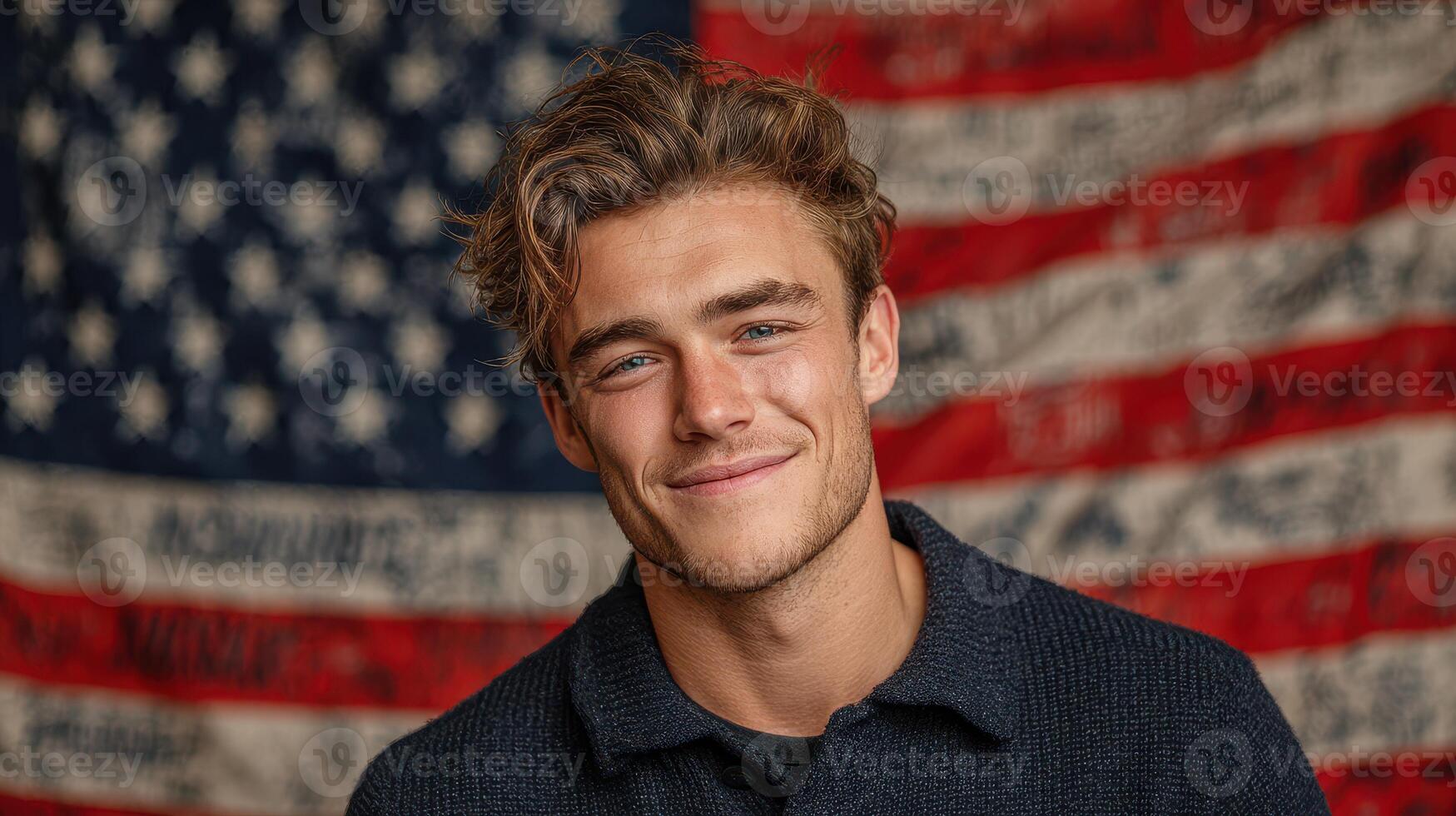 Young man smiles confidently in front of a vintage American flag during a casual indoor gathering photo