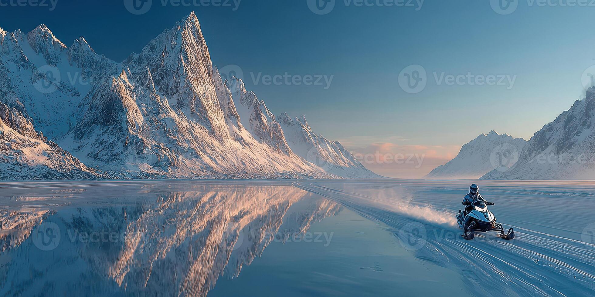 Snowmobile riding on frozen lake surrounded by majestic mountains during twilight in a winter landscape photo