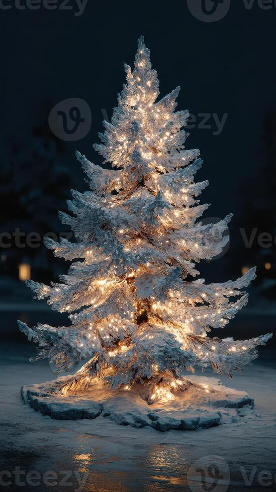 Beautifully lit snow-covered Christmas tree in a winter night setting creating a magical ambiance photo