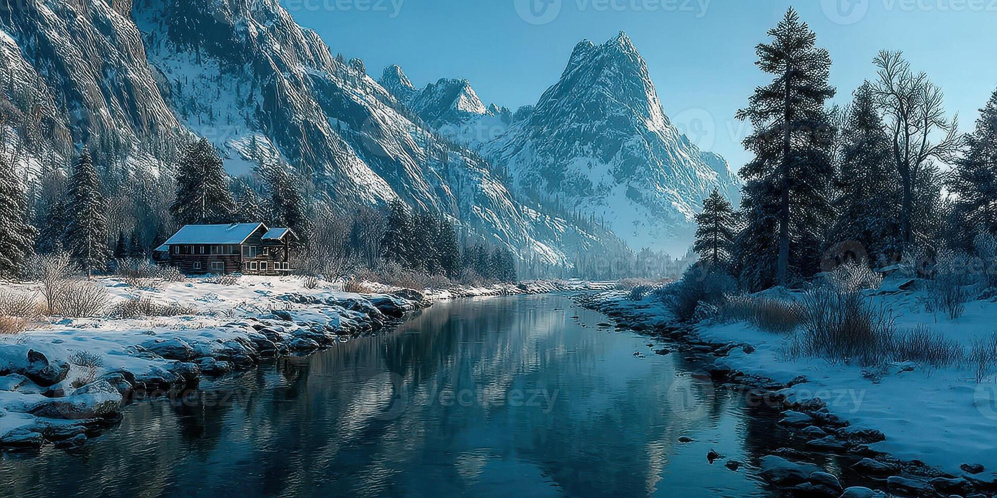 Snowy mountains reflect in calm river beside rustic cabin during winter morning in serene landscape photo