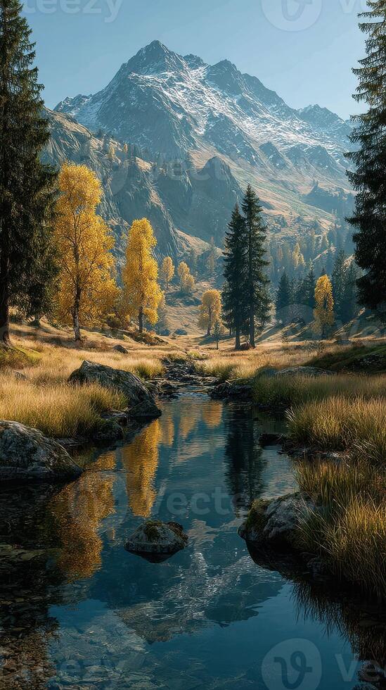 Vibrant autumn landscape with a serene river reflecting majestic mountains at sunrise photo