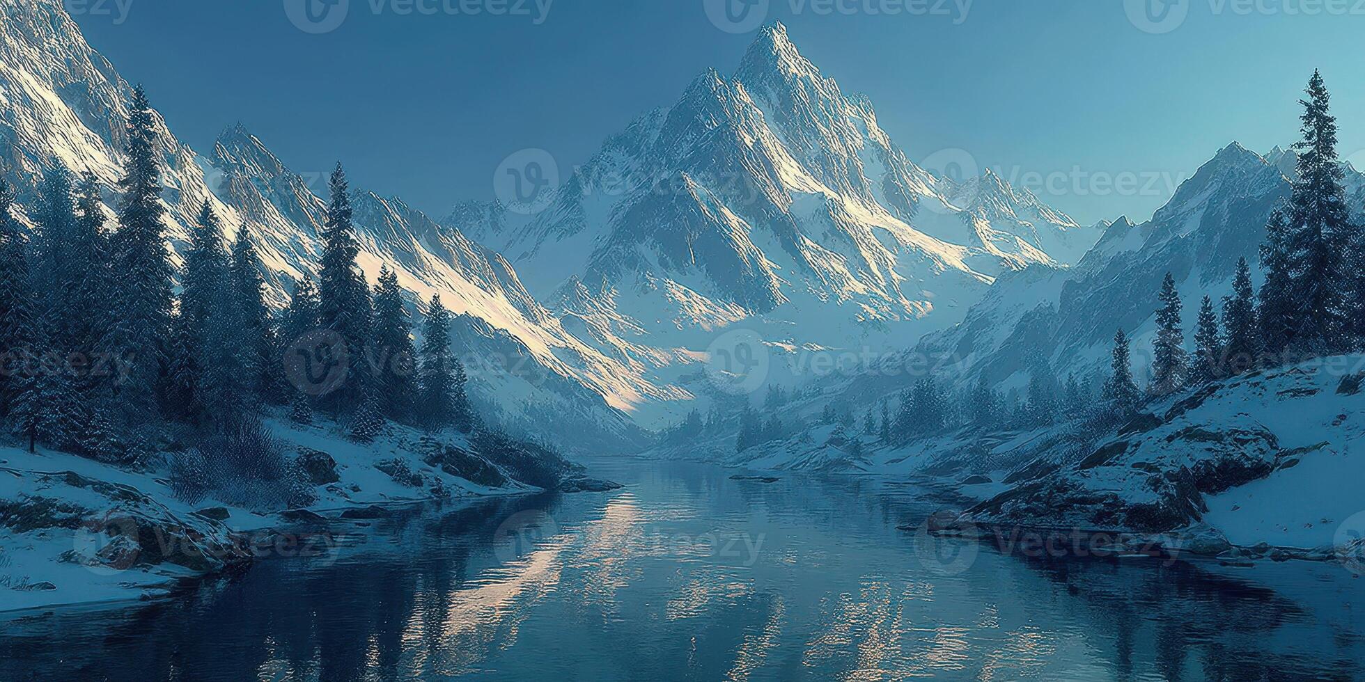 Majestic snow-capped mountains and serene river reflecting the tranquil beauty of nature in winter photo