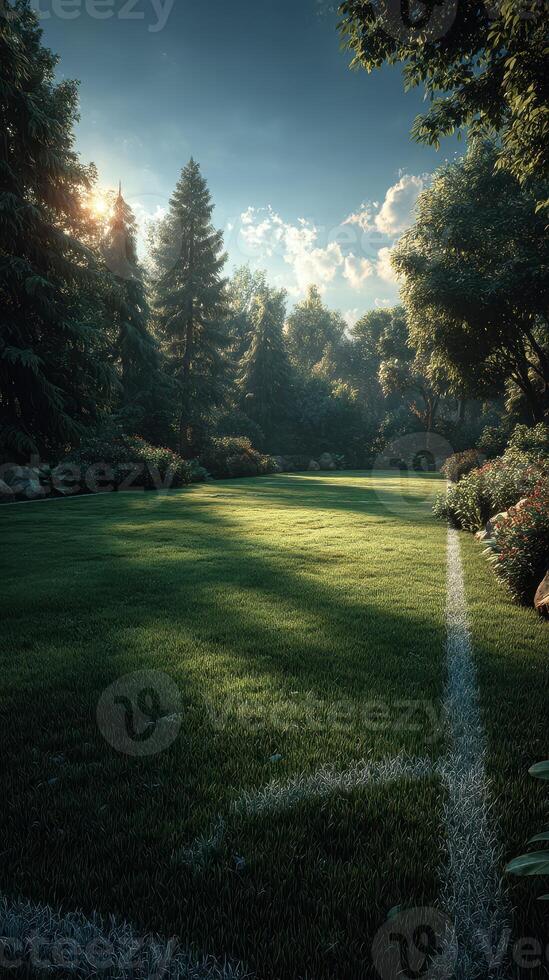 Bright morning light on a serene soccer field surrounded by lush greenery and tall trees photo
