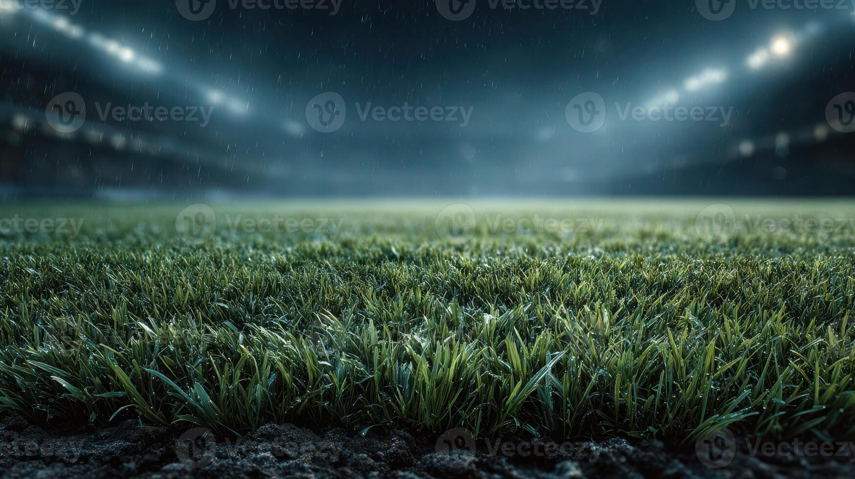 Wet grass covering a soccer field during a rainy night at a stadium with bright floodlights illuminating the atmosphere photo