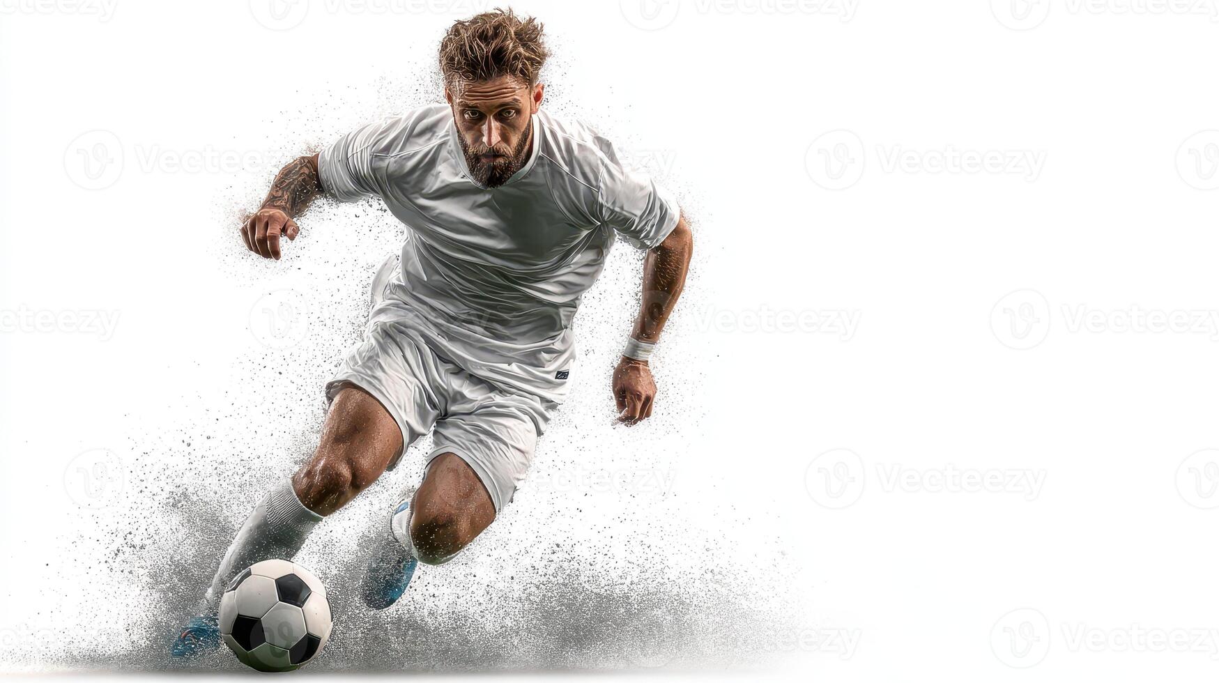 Dynamic soccer player sprinting on the field, showcasing agility, skill, and determination during an intense match photo